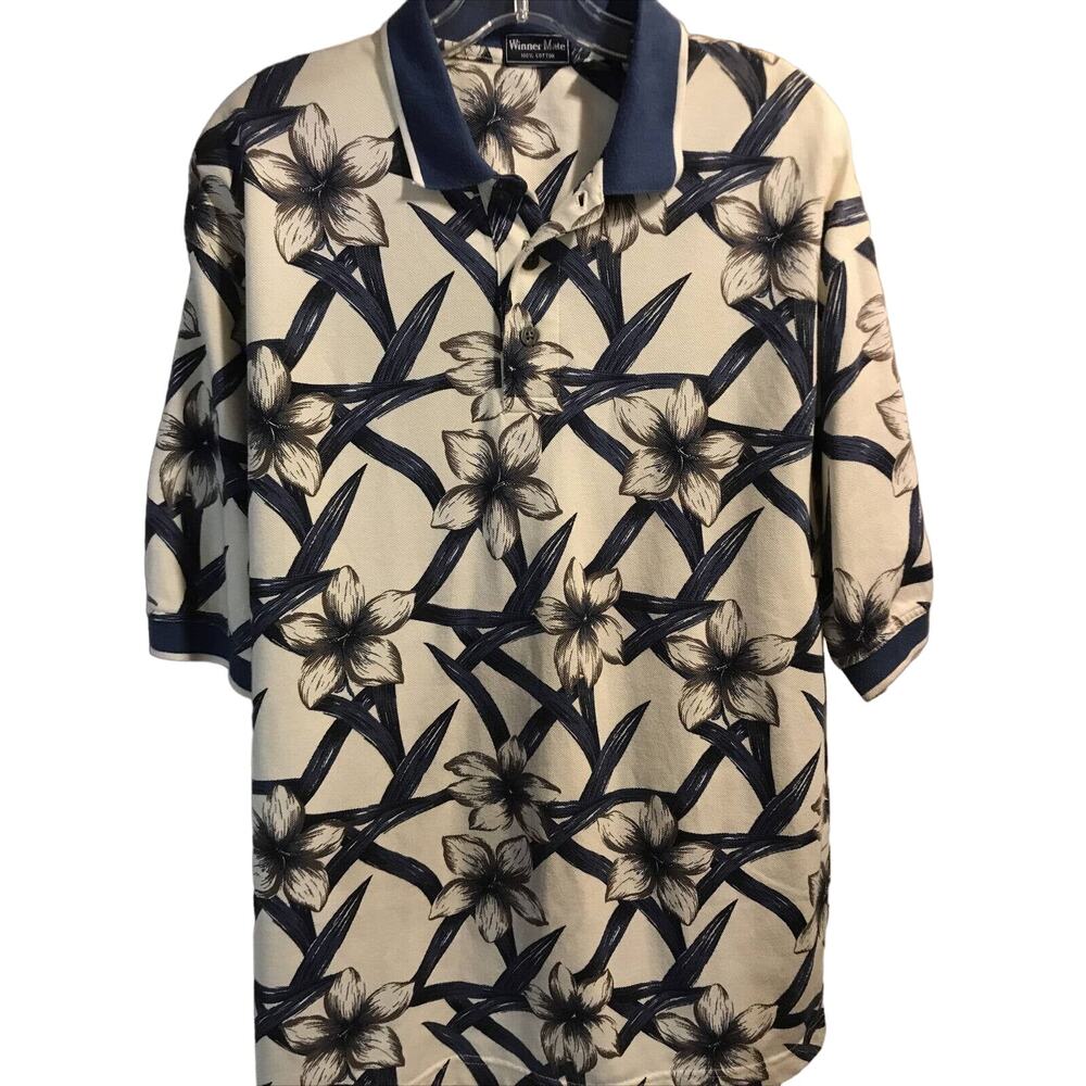 Winner Mate Vintage Men’s M Beige Blue 1/4 Button Short Sleeve Cotton Polo Shirt